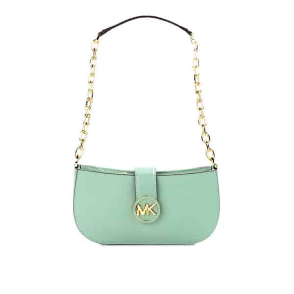 Sac à main vert menthe avec chaîne dorée.