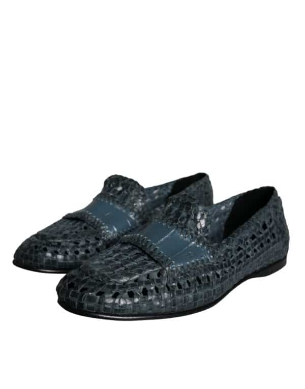 Dolce & Gabbana Blue Woven Leather Slip On Loafers Men Shoes – Image 3