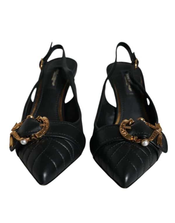 Dolce & Gabbana Black Devotion Leather Heels Slingback Shoes – Image 2