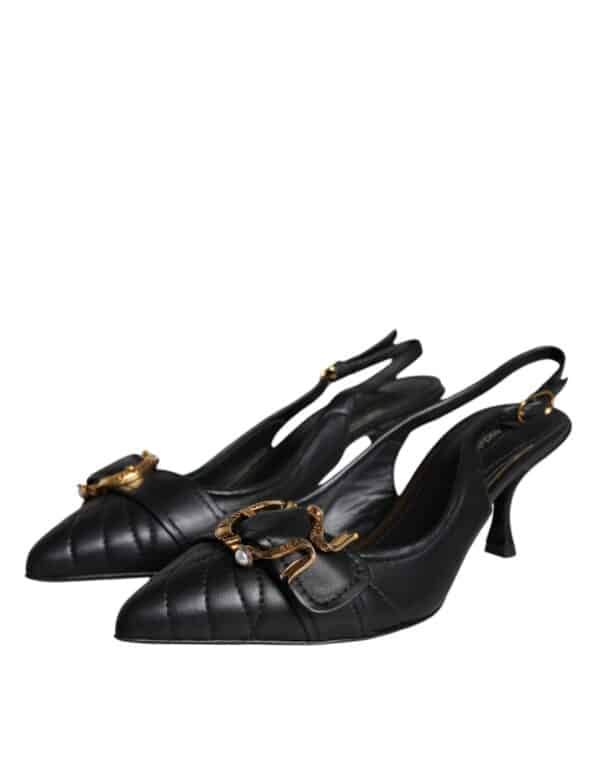 Dolce & Gabbana Black Devotion Leather Heels Slingback Shoes – Image 3