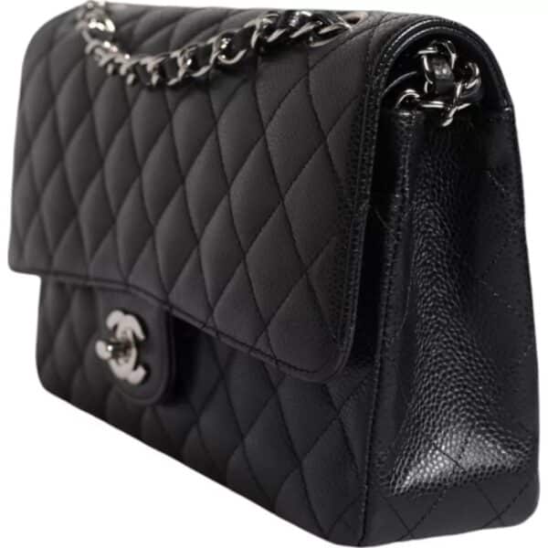 Chanel Black Caviar Medium Classic Double Flap Shoulder Quilted Silver Bag – Image 2