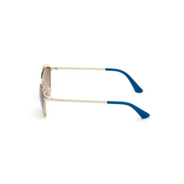 Lunettes de soleil avec branches bleu et doré.