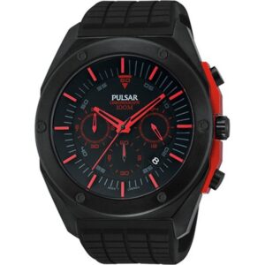 Montre chronographe Pulsar avec bracelet noir et rouge.