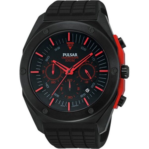 Montre chronographe Pulsar avec bracelet noir et rouge.