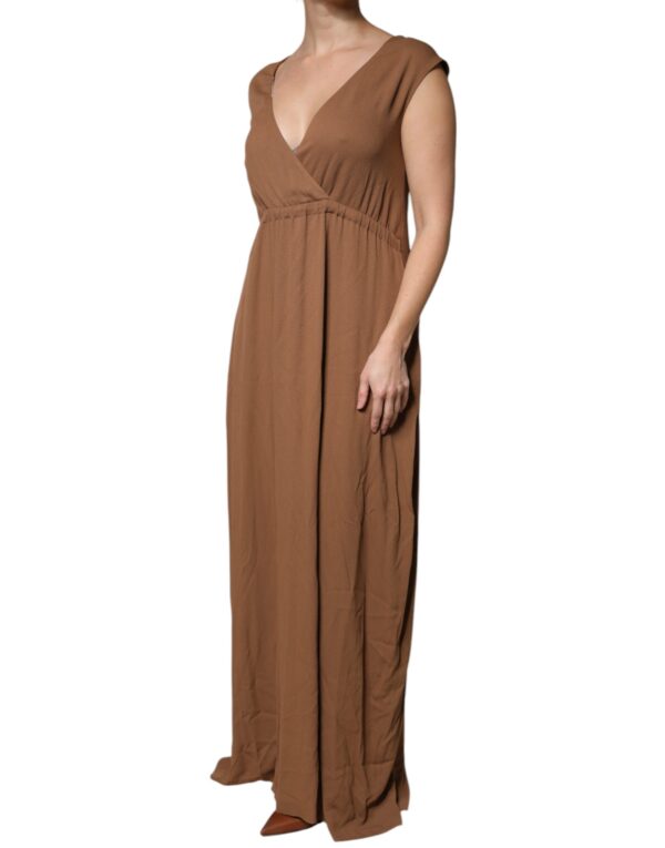 Fabiana Filippi Brown Sleeveless Deep V-neck A-line Long Maxi Dress – Image 3