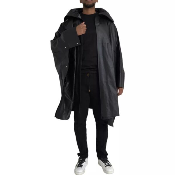 Bottega Veneta Black Leather Hooded Men Trenchcoat Jacket – Image 3
