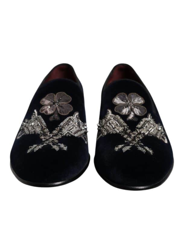 Dolce & Gabbana Black Velvet Floral Gun Loafers Dress Shoes – Image 2