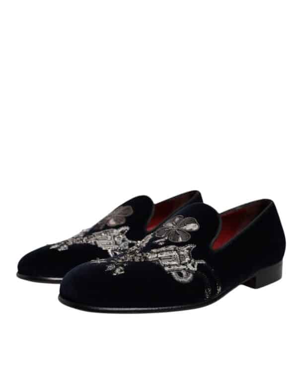 Dolce & Gabbana Black Velvet Floral Gun Loafers Dress Shoes – Image 3