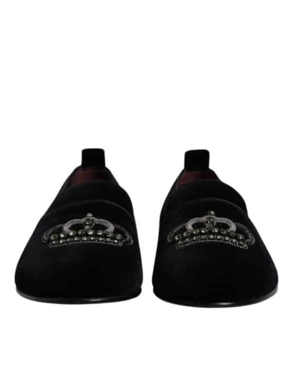 Dolce & Gabbana Black Velvet Crystal Crown Loafers Formal Dress Shoes – Image 2
