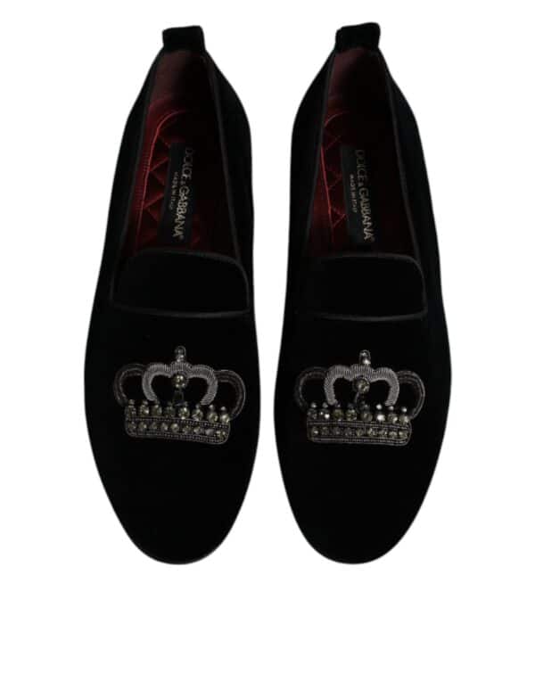 Dolce & Gabbana Black Velvet Crystal Crown Loafers Formal Dress Shoes – Image 3
