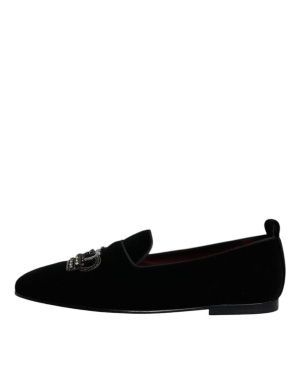 Dolce & Gabbana Black Velvet Crystal Crown Loafers Formal Dress Shoes – Image 6