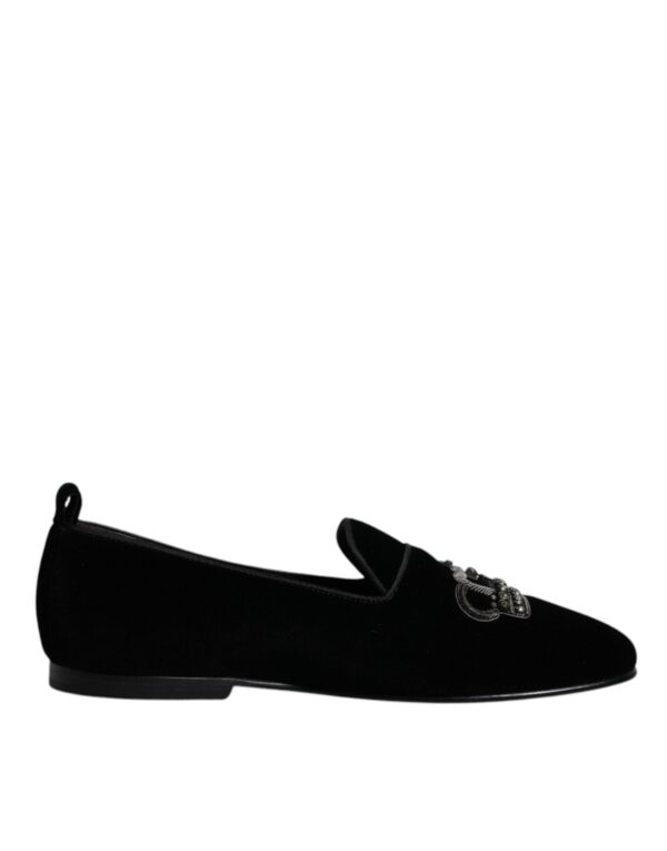 Dolce & Gabbana Black Velvet Crystal Crown Loafers Formal Dress Shoes – Image 7