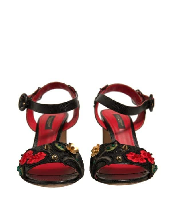 Dolce & Gabbana Black Embossed Carnation Heeled Sandals Shoes – Image 2