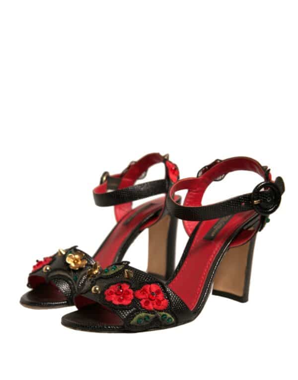 Dolce & Gabbana Black Embossed Carnation Heeled Sandals Shoes – Image 3