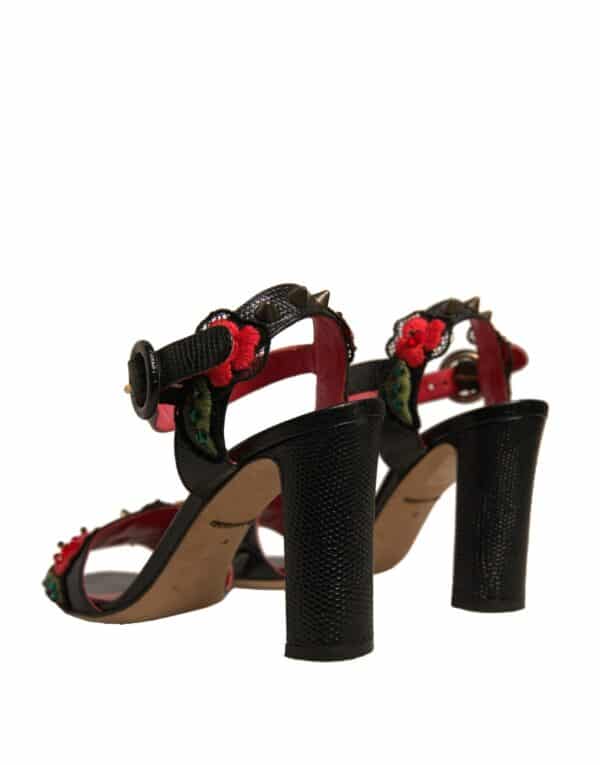Dolce & Gabbana Black Embossed Carnation Heeled Sandals Shoes – Image 4