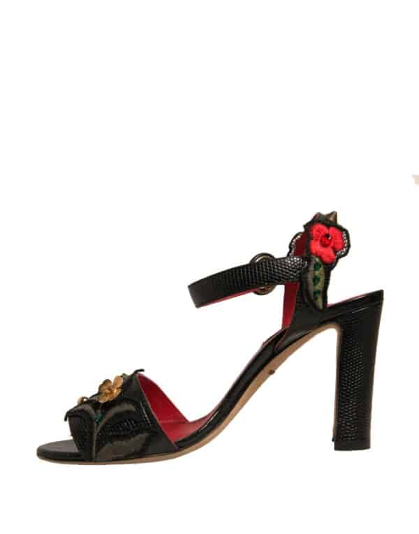 Dolce & Gabbana Black Embossed Carnation Heeled Sandals Shoes – Image 5