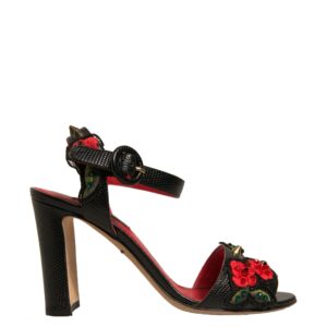 Dolce & Gabbana Black Embossed Carnation Heeled Sandals Shoes