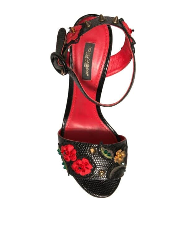 Dolce & Gabbana Black Embossed Carnation Heeled Sandals Shoes – Image 7