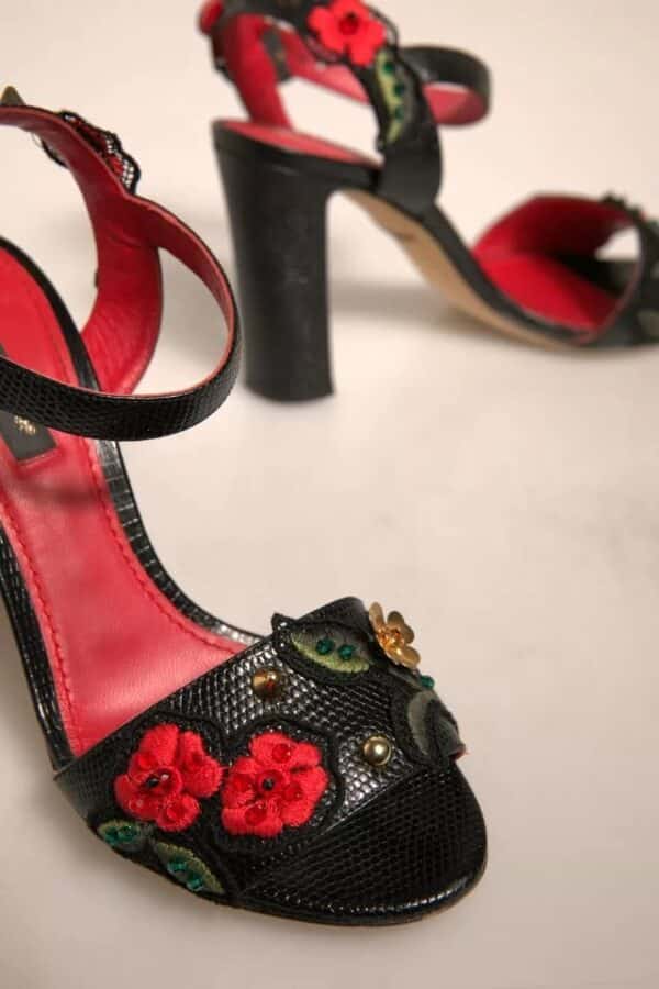 Dolce & Gabbana Black Embossed Carnation Heeled Sandals Shoes – Image 8