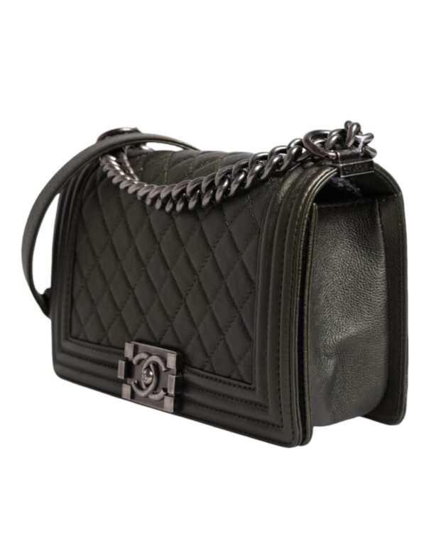 Chanel Dark Green Leather Shoulder Bag Gray Metal Purse Bag – Image 3