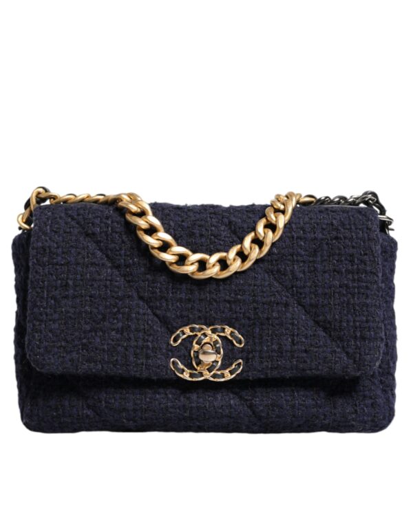 Chanel Dark Blue Medium Flap Tweed CC Gold Gray Chain Shoulder Bag – Image 2
