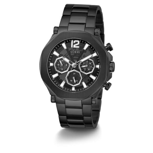 Montre Guess noire avec chronographe élégant.