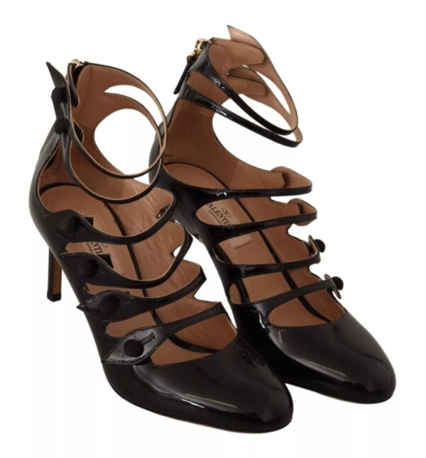 Valentino Black Multi Strap Leather Mid Heels Pumps Shoes – Image 2