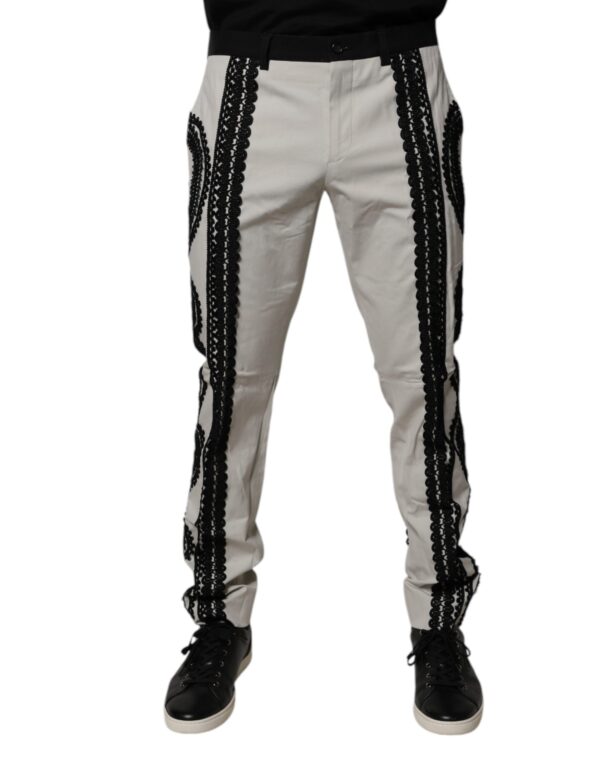 Dolce & Gabbana White Lace Trim Mid Waist Dress Formal Pants – Image 2