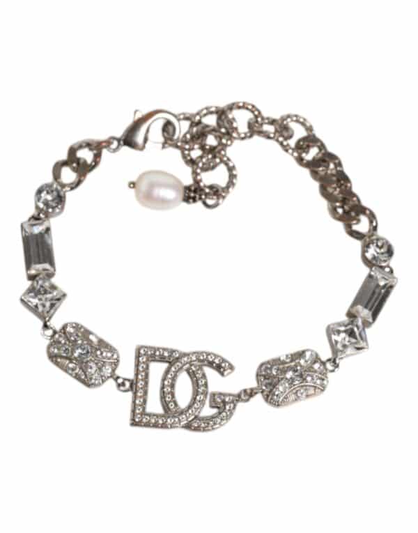Dolce & Gabbana Silver Brass Crystal DG Logo Charm Embellished Bracelet – Image 2