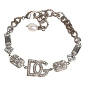 Dolce & Gabbana Silver Brass Crystal DG Logo Charm Embellished Bracelet