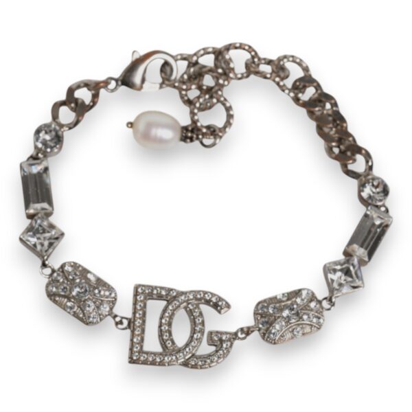 Dolce & Gabbana Silver Brass Crystal DG Logo Charm Embellished Bracelet – Image 3