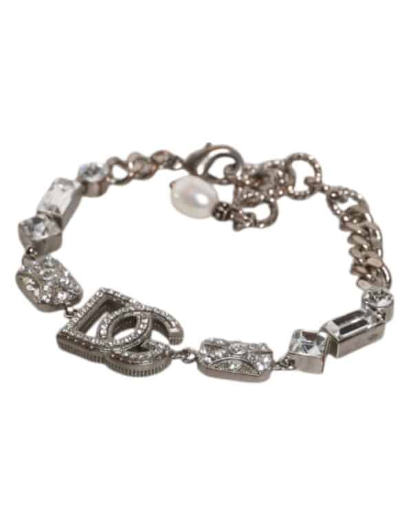 Dolce & Gabbana Silver Brass Crystal DG Logo Charm Embellished Bracelet – Image 4