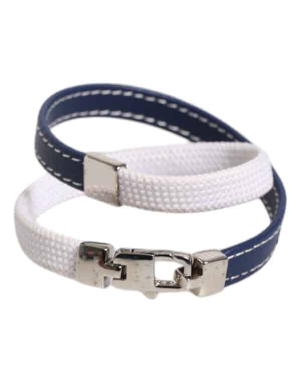 Dolce & Gabbana Blue White Leather Trimmed DG Engraved Silver Tone Clasp Bracelet – Image 2
