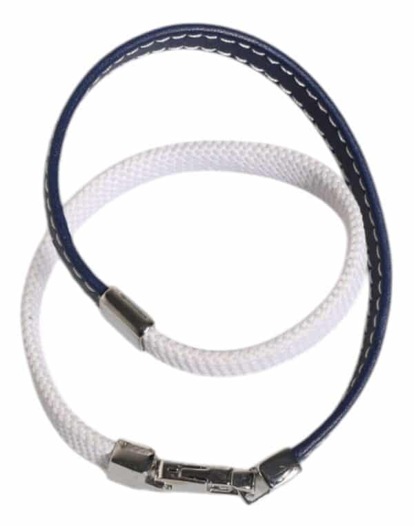 Dolce & Gabbana Blue White Leather Trimmed DG Engraved Silver Tone Clasp Bracelet – Image 3