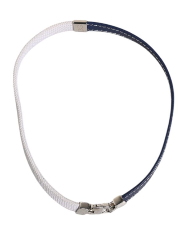 Dolce & Gabbana Blue White Leather Trimmed DG Engraved Silver Tone Clasp Bracelet – Image 4