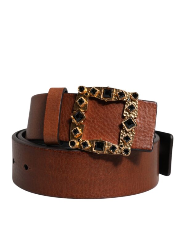 Dolce & Gabbana Brown Leather Gold Crystal Buckle Belt – Image 2
