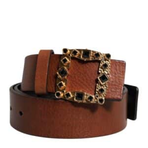 Dolce & Gabbana Brown Leather Gold Crystal Buckle Belt
