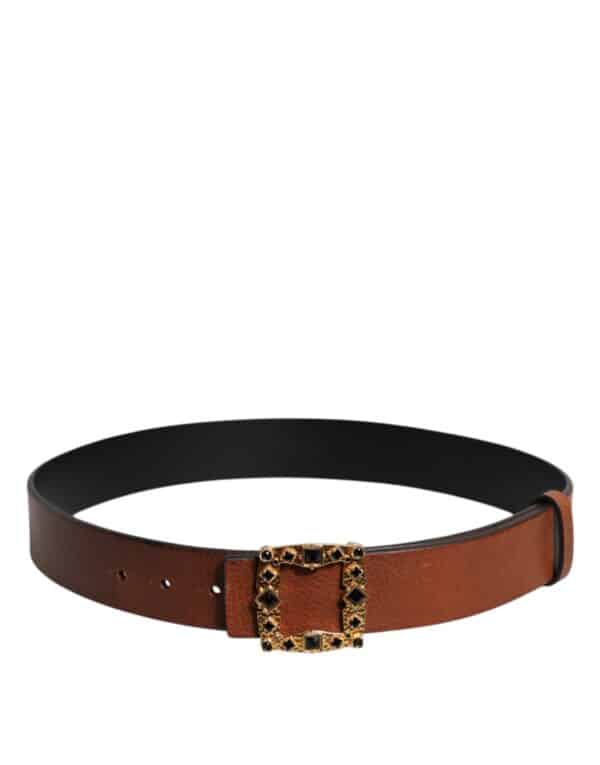 Dolce & Gabbana Brown Leather Gold Crystal Buckle Belt – Image 3