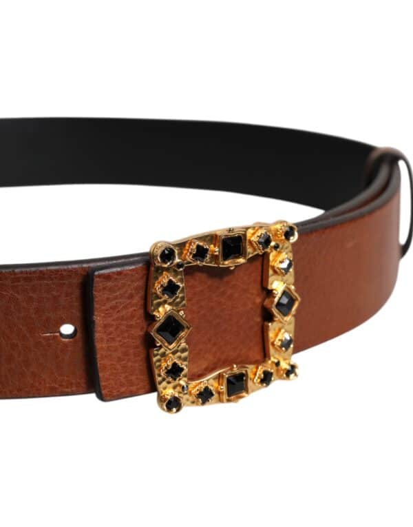 Dolce & Gabbana Brown Leather Gold Crystal Buckle Belt – Image 4