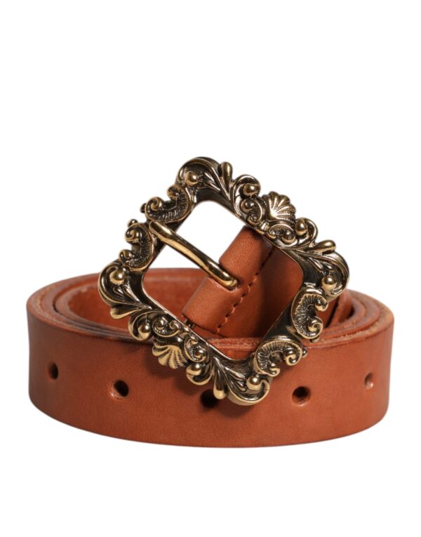 Dolce & Gabbana Brown Leather Gold Metal Baroque Buckle Belt – Image 2
