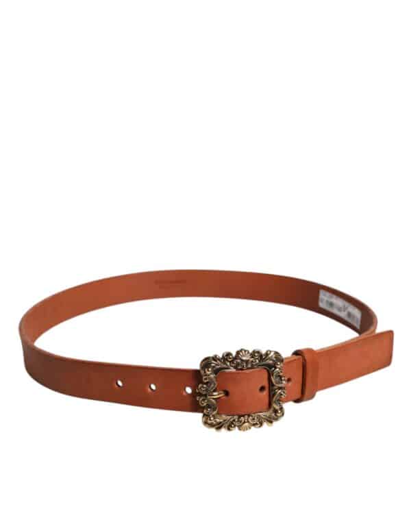Dolce & Gabbana Brown Leather Gold Metal Baroque Buckle Belt – Image 3