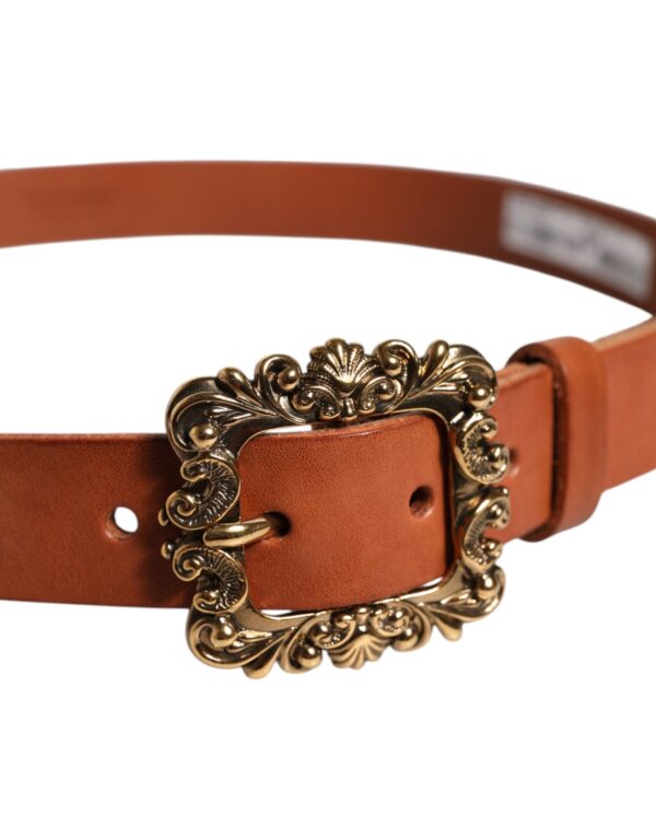 Dolce & Gabbana Brown Leather Gold Metal Baroque Buckle Belt – Image 4