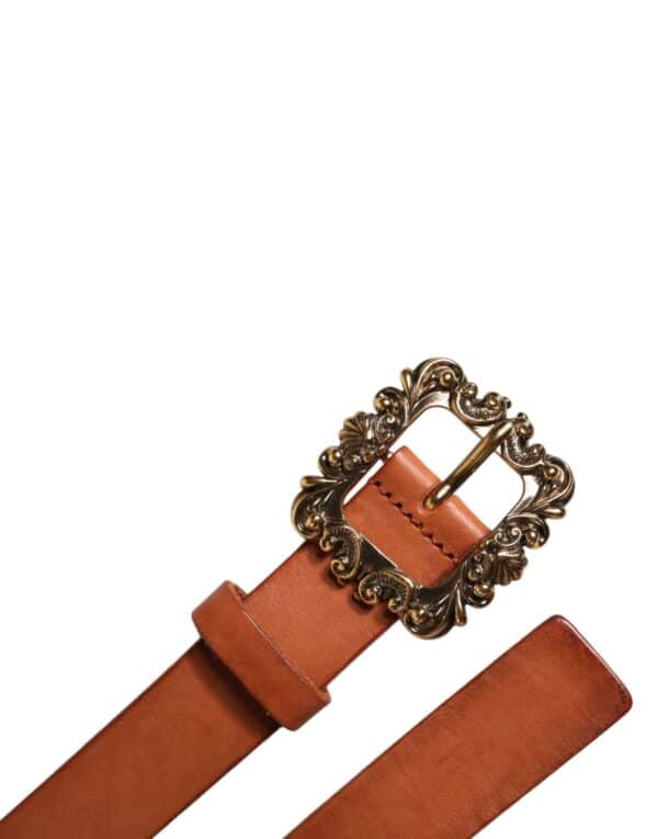 Dolce & Gabbana Brown Leather Gold Metal Baroque Buckle Belt – Image 6