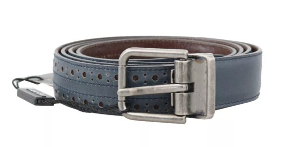 Dolce & Gabbana Blue Perforated Leather Gray Buckle Belt – Image 2