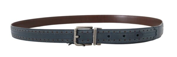 Dolce & Gabbana Blue Perforated Leather Gray Buckle Belt – Image 5