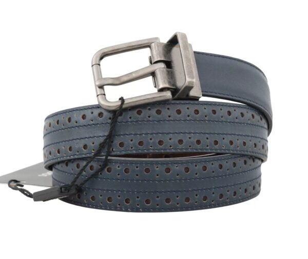 Dolce & Gabbana Blue Perforated Leather Gray Buckle Belt – Image 6