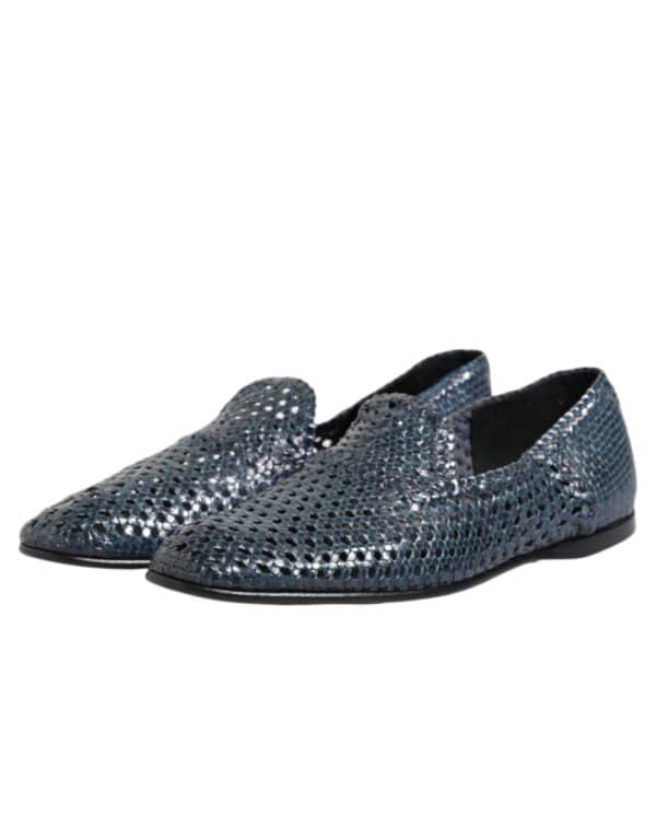 Dolce & Gabbana Blue Woven Leather Slip On Loafers Shoes – Image 4