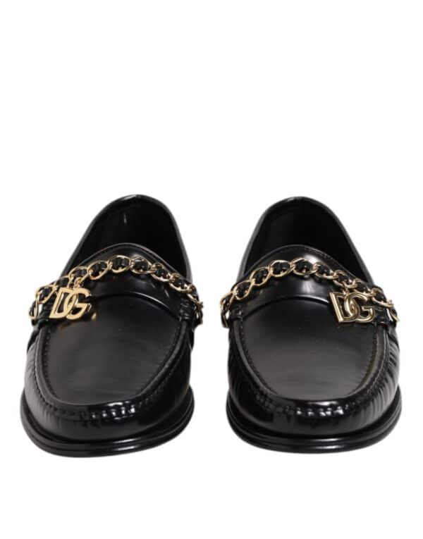 Dolce & Gabbana Black Leather Chain Slip On Loafers Men Dress Shoes – Image 2