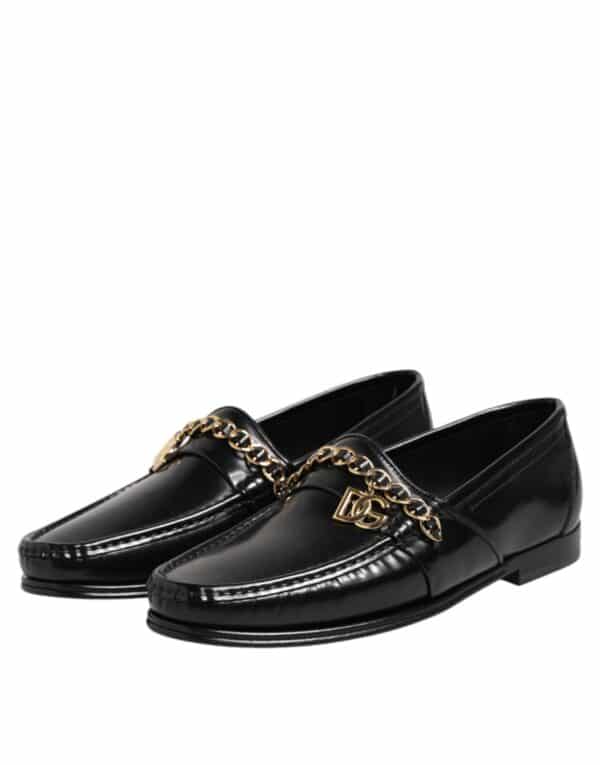 Dolce & Gabbana Black Leather Chain Slip On Loafers Men Dress Shoes – Image 4