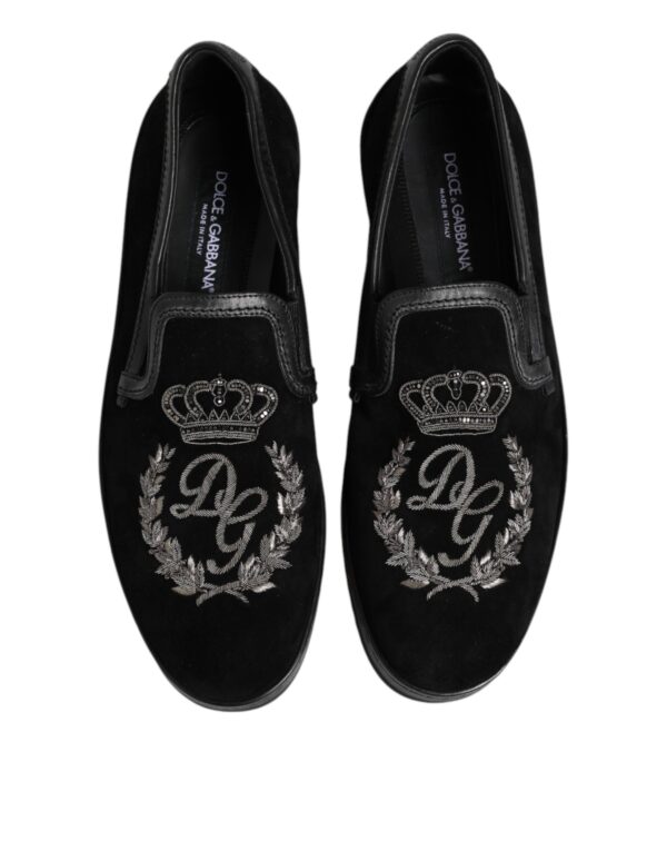 Dolce & Gabbana Black Embroidered Crown Loafers Shoes – Image 3